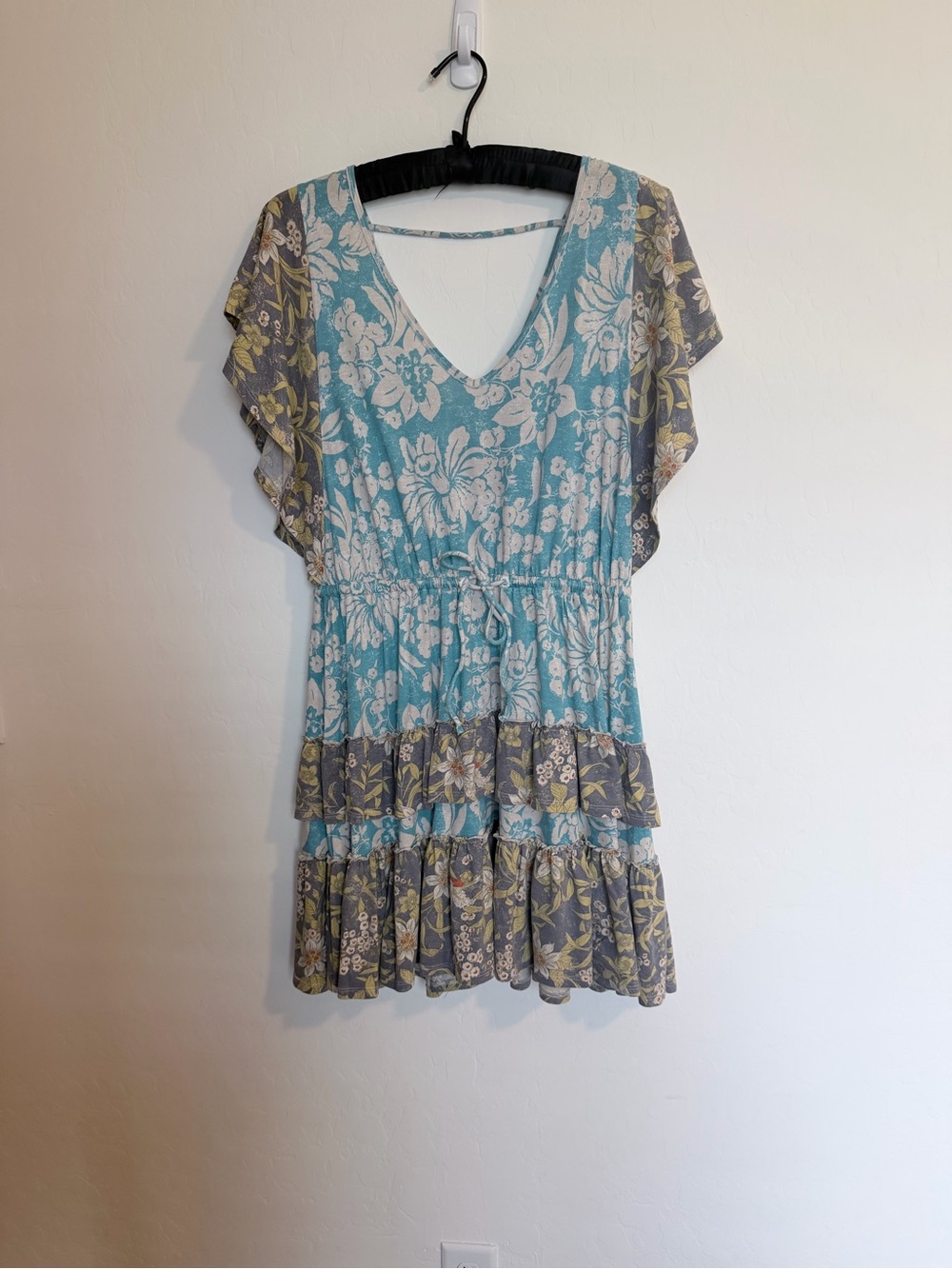Daily Ritual Teal and Gray Floral Tiered V-Neck Mini Dress